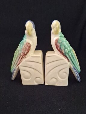 Ceramic Parrot Bookend Planters in White with Green and Teal Accents, MCM